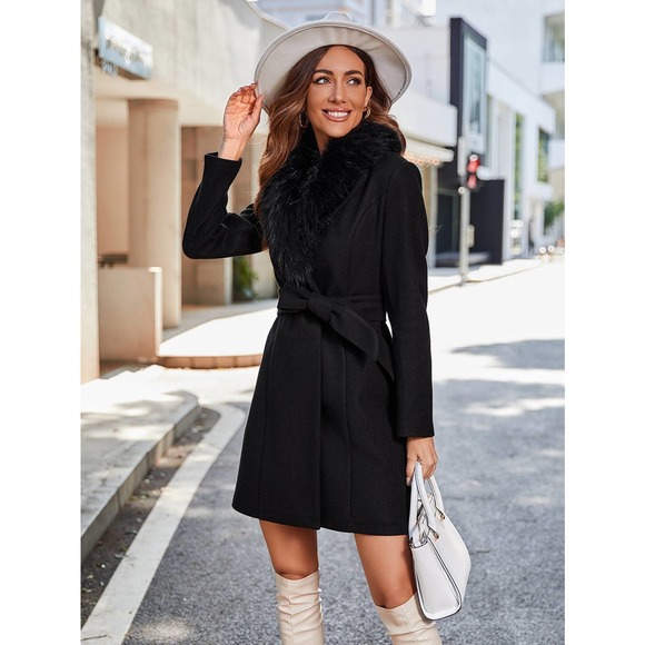 glam Contrast Fuzzy Collar Belted Overcoat pea coat peacoat pink  long line - Picture 8 of 9